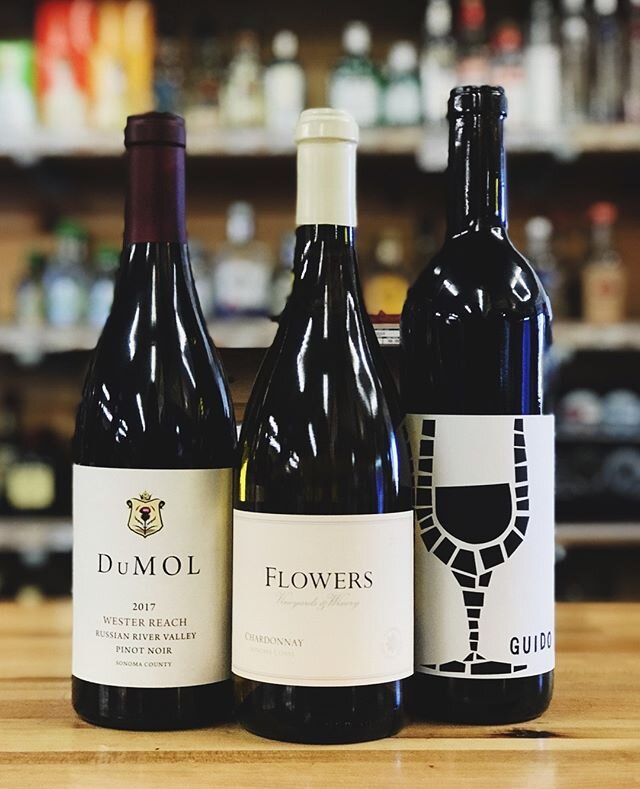 This week's wine picks include three beautiful bottles to get you to the weekend:⁠
🍷  @dumolwinery Wester Reach Pinot Noir, now just $44.99⁠.⁠
🍷 @flowerswinery Chardonnay, now just⁠ $39.99.⁠
🍷K Vintners #Guido sangiovese, now just $19.99.