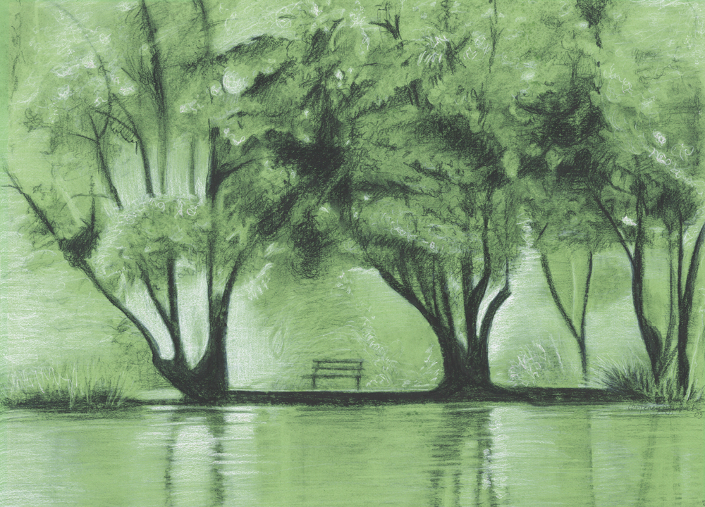 “Be Still”This charcoal drawing represents Psalm 46:10 “Be still and know that I am God”. The grand beauty of the trees reminds us of the splendor of God. The bench invites us to come sit a while, just as God the Father invites all to draw near. And…