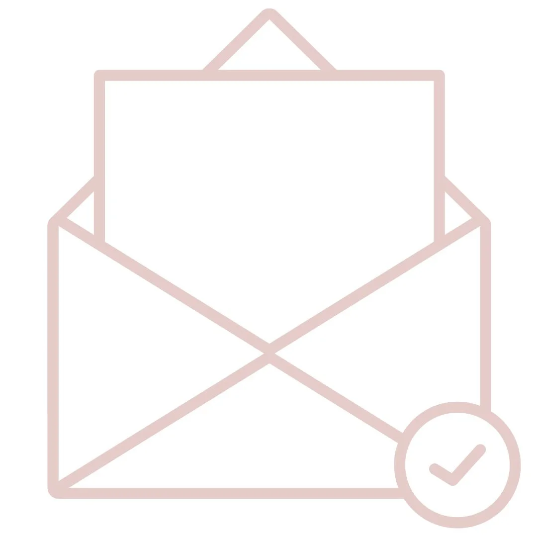 Outline of an open envelope with a checkmark in a circle in the bottom right corner.