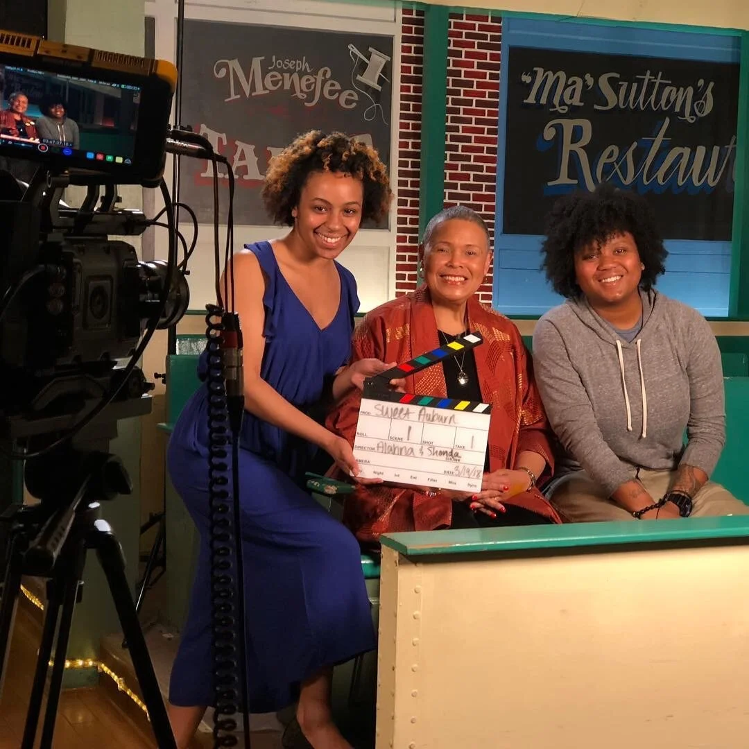  On set of  Sweet Auburn Blues  with co-producer and creator Shonda Harper (far right) and award winning journalist Alexis Scott (middle). 