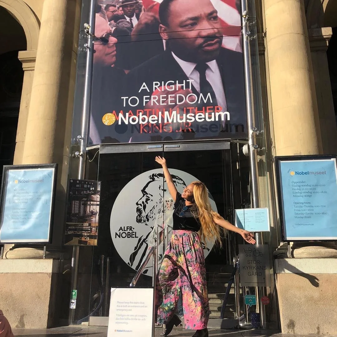  Alahna outside of the Nobel Museum in Stockholm, where her cinematography and directing was featured in the  A Right to Freedom  exhibit. 