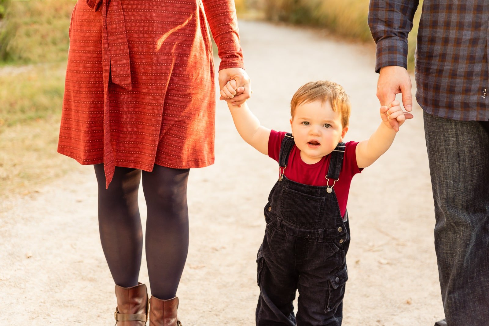 toddler walking holding parents hands  St. Louis Family Photography sarahrowlandphotography.com