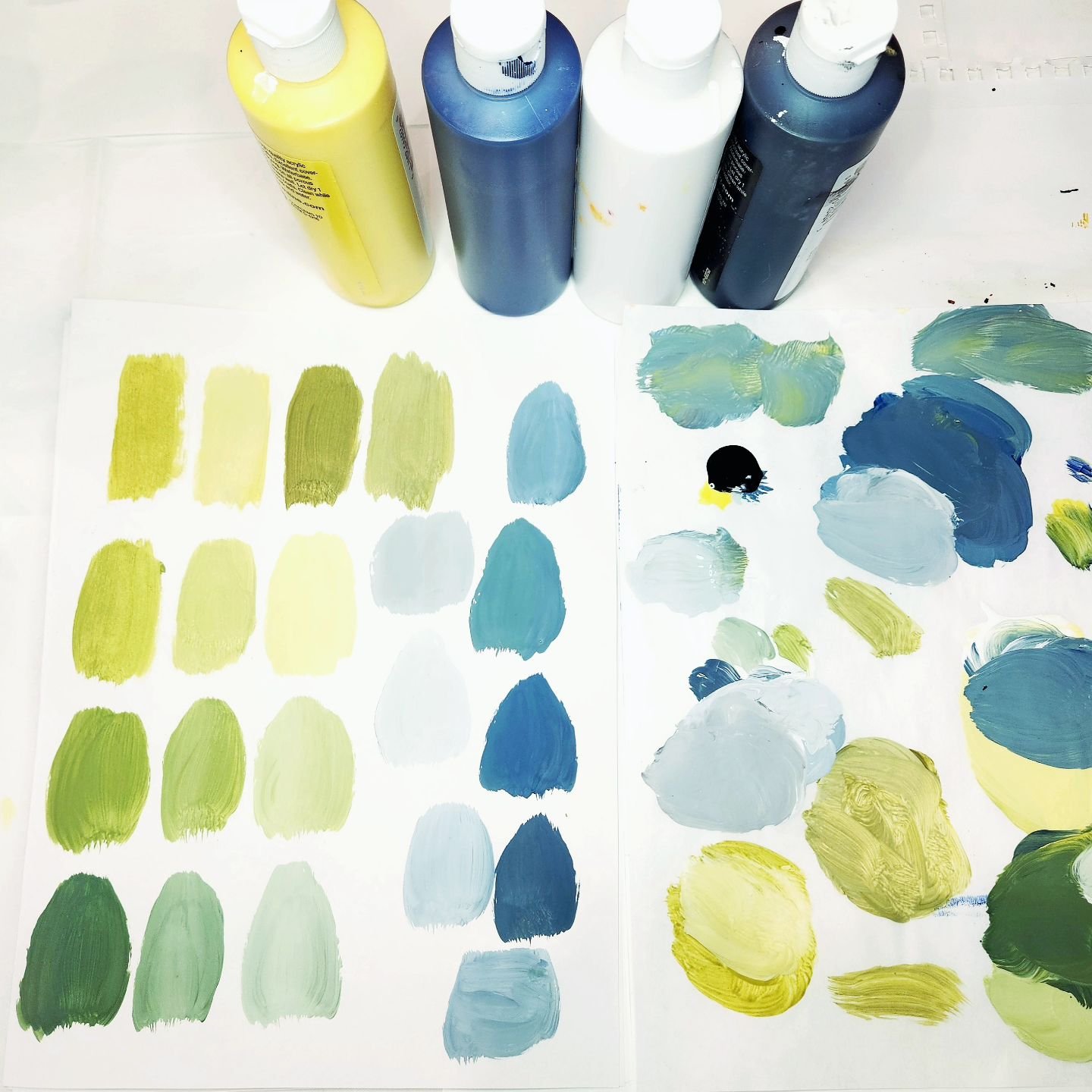 Mixing up a few of my favorite colors. A lot of artists avoid using black in their work, but I find it's the secret ingredient to getting those bright golden greens that match the leaves in my spring garden. Just a touch of blue can change it all up 
