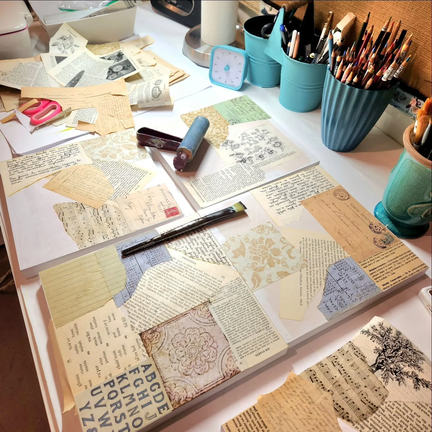 One thing leads to another! 

I realized that I'd already made 7 of the previous vintage collage pieces, so it just made sense to make 5 more for an even dozen.