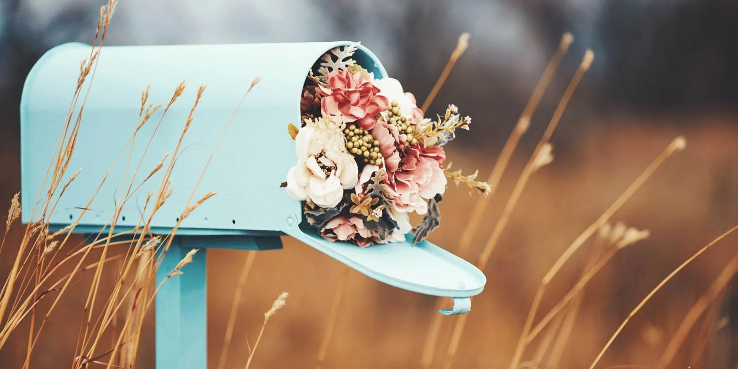 Turquoise mailbox filled with flowers in a wheat field.