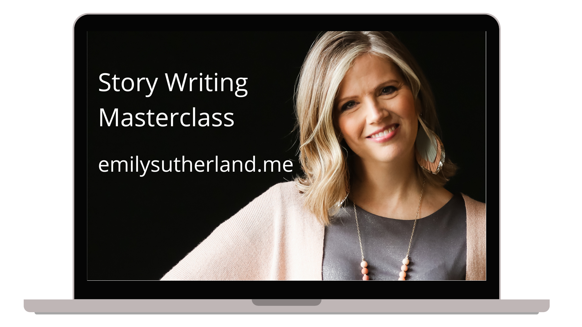 Emily Sutherland with blonde hair smiling, wearing a gray top, blush cardigan, and earrings, with white text on a black background that reads 'Story Writing Masterclass emilysutherland.me'.