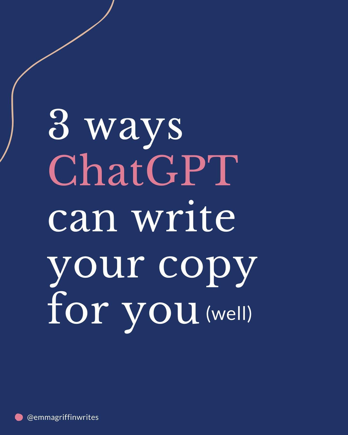 ChatGPT can't write all your copy for you.
⠀⠀⠀⠀⠀⠀⠀⠀⠀
But it can definitely help.
⠀⠀⠀⠀⠀⠀⠀⠀⠀
Here are a handful of ways I've been experimenting with it in my own business.
⠀⠀⠀⠀⠀⠀⠀⠀⠀
(I spilled many more ways to my email subscribers last week 💌).
⠀⠀⠀⠀⠀