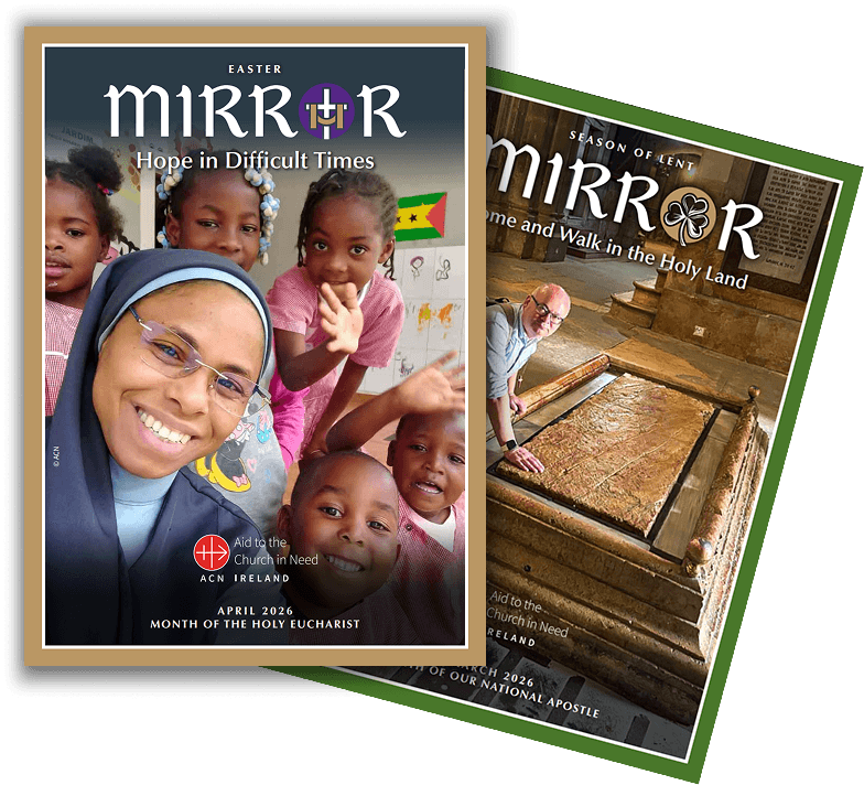 Smiling nun and children on magazine cover; another shows a man by a holy site. Both are issues of the Mirror magazine.
