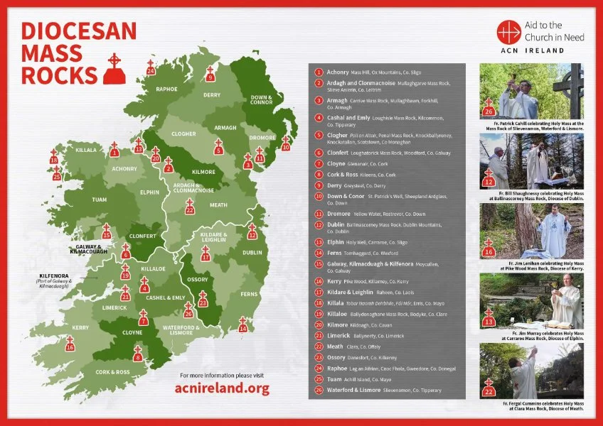 Map of Ireland showing Mass Rock locations across the 26 Catholic dioceses