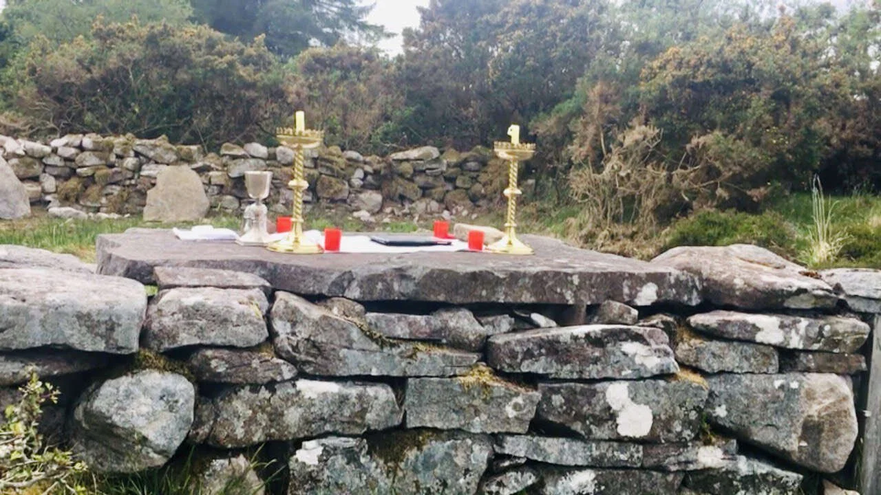 Stone altar prepared for Mass at Loughatorick in Woodford, County Galway