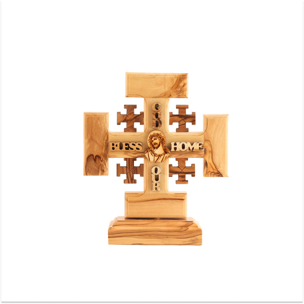 Hand Carved God Bless Our Home Jerusalem Cross