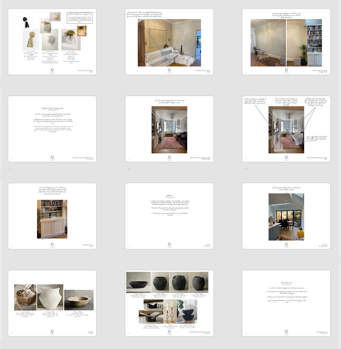 A collage of interior design photos, featuring living rooms with bookshelves, artwork, and furniture, as well as decorative items like ceramics, pottery, and lighting fixtures for how to update a home.