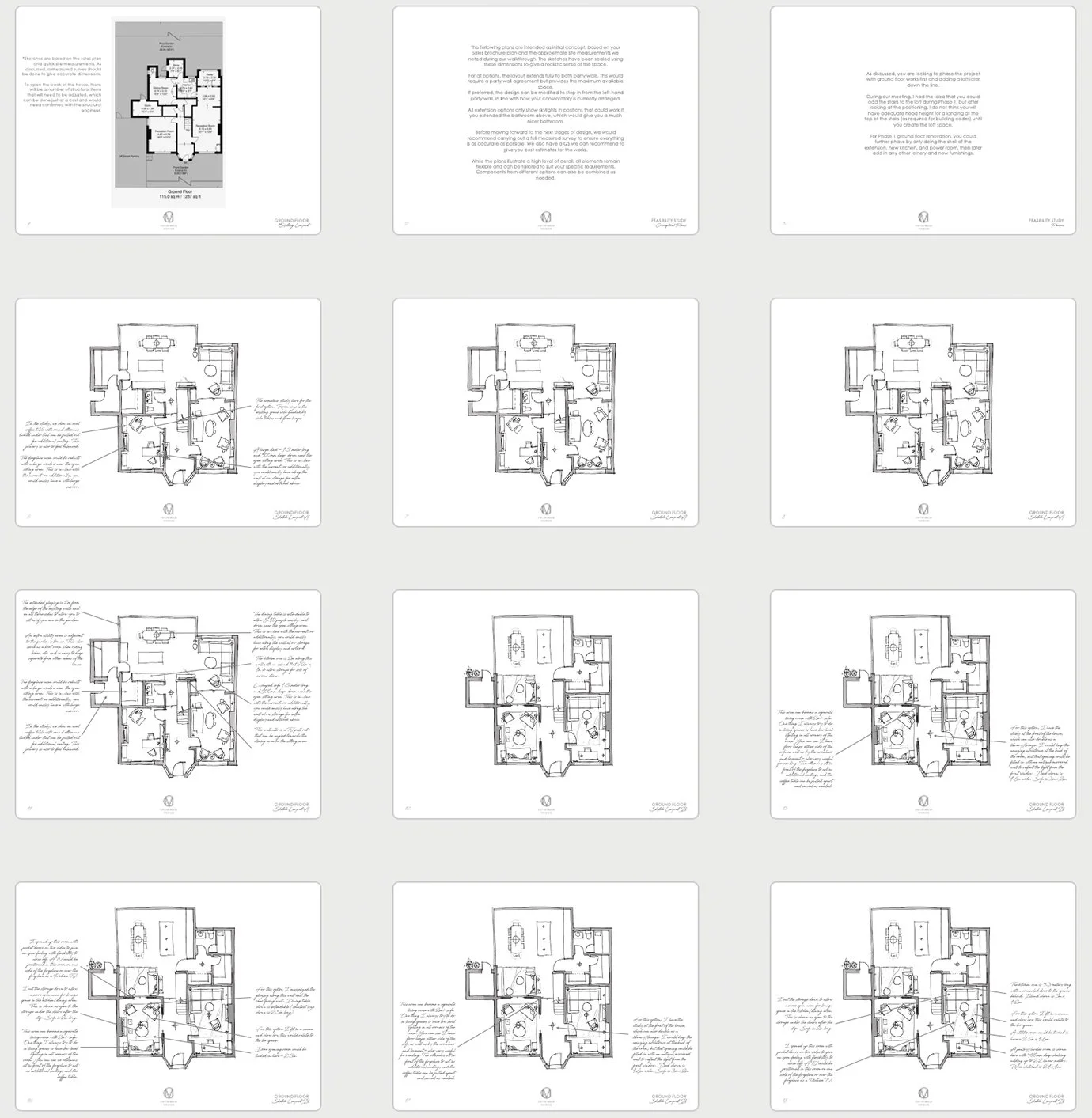 Set of architectural building plan sketches showing detailed floor layouts, annotations, and sketches for different levels of a house.