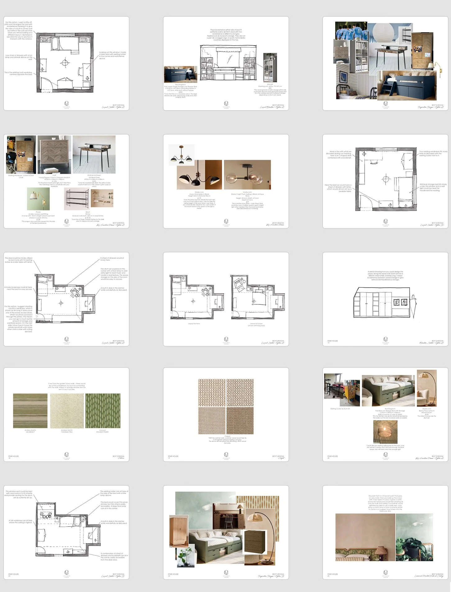 A collection of interior design plans, mood boards, furniture layouts, fabric swatches, lighting fixtures, and decor ideas for a bedroom project.