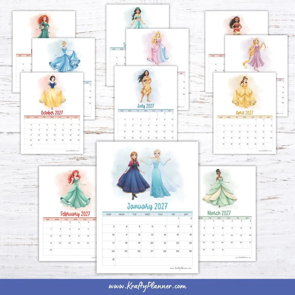 Free Printable 2027 Princess-Themed Calendar