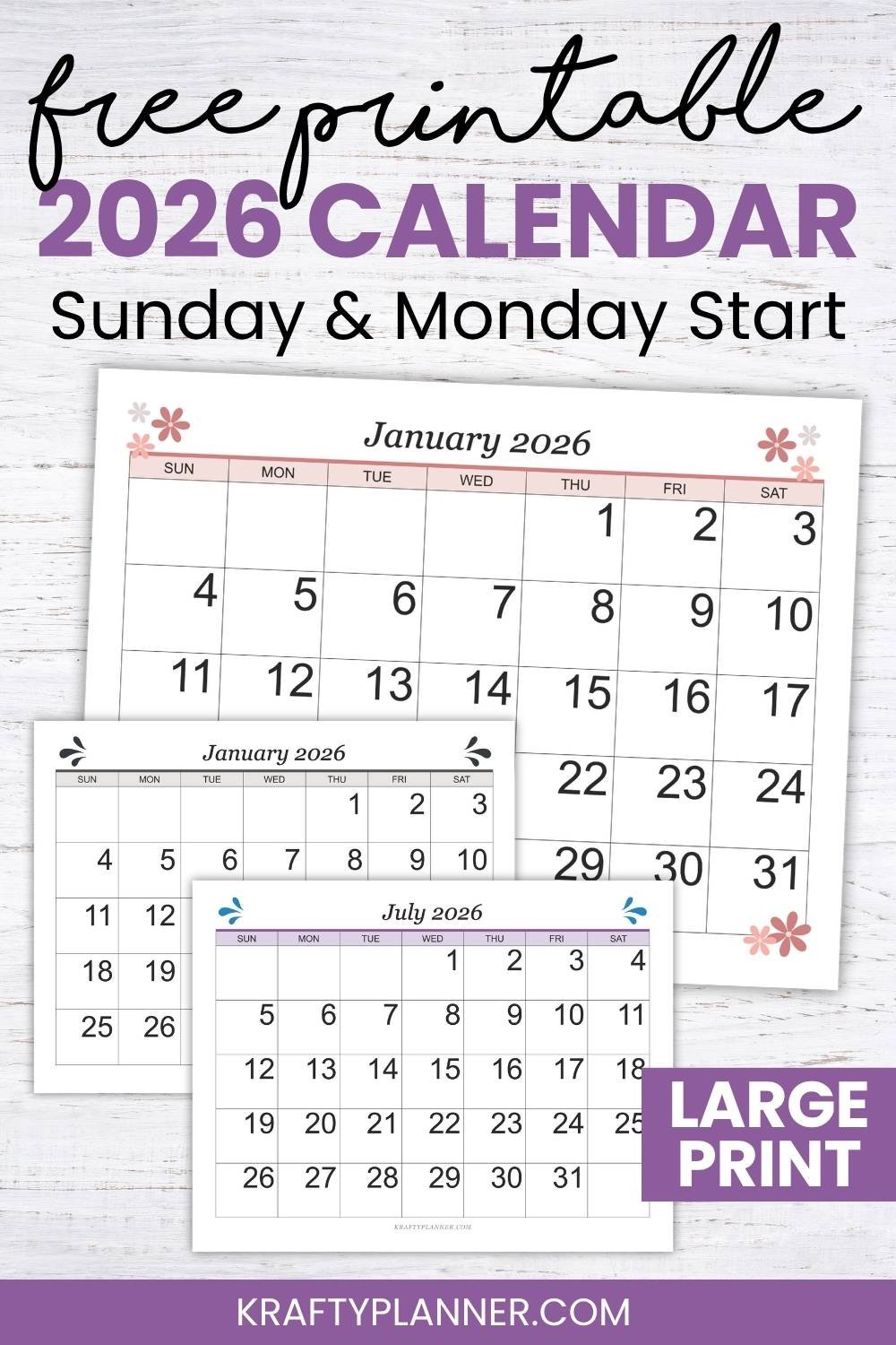 Free 2026 Large Print Calendar Landscape — Krafty Planner