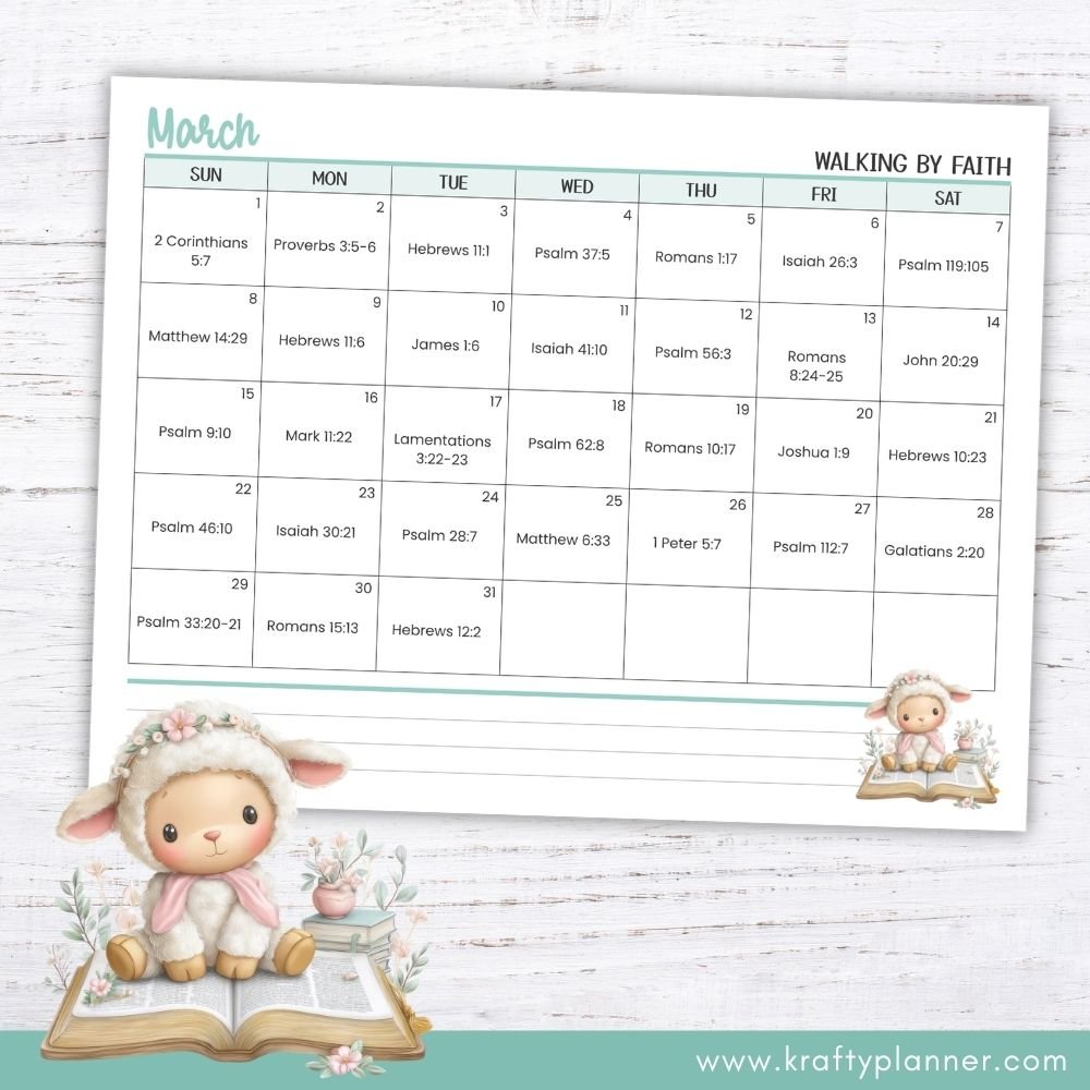 March Bible Verse Printable Calendar: Walking By Faith