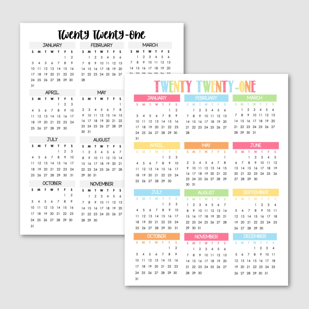 Download Free Printable Calendar 2021 Full Year PNG