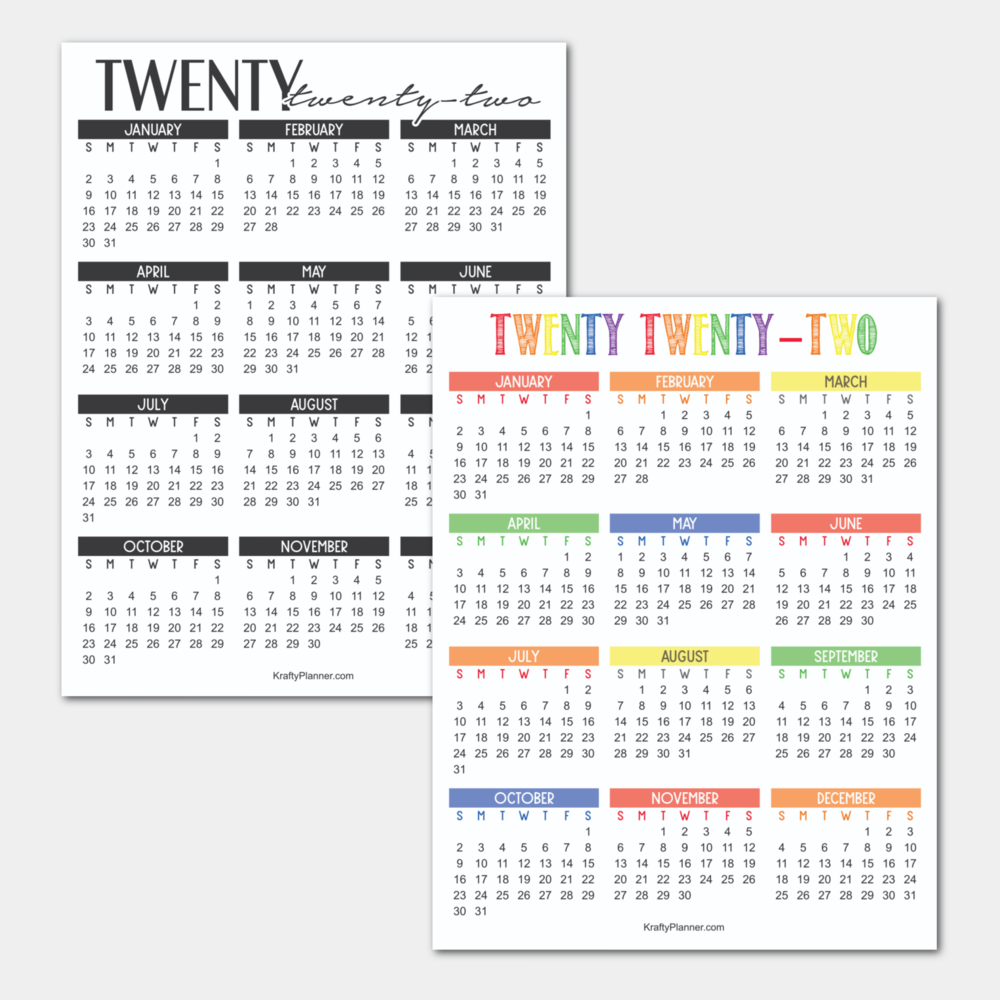 Free Yearly Calendar 2022 2022 Year-At-A-Glance Free Printable Calendar — Krafty Planner