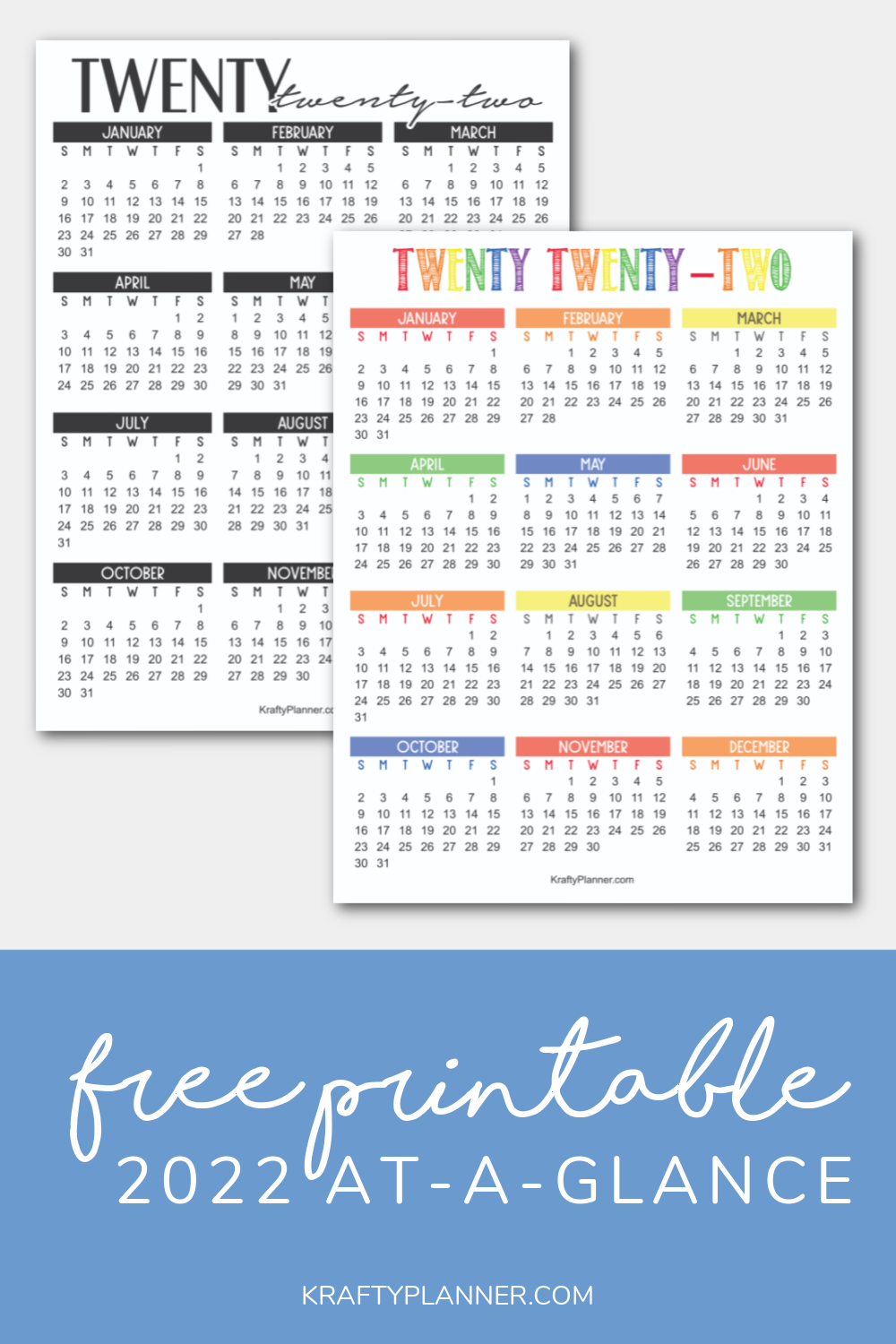 2022 Year-At-A-Glance Free Printable Calendar — Krafty Planner
