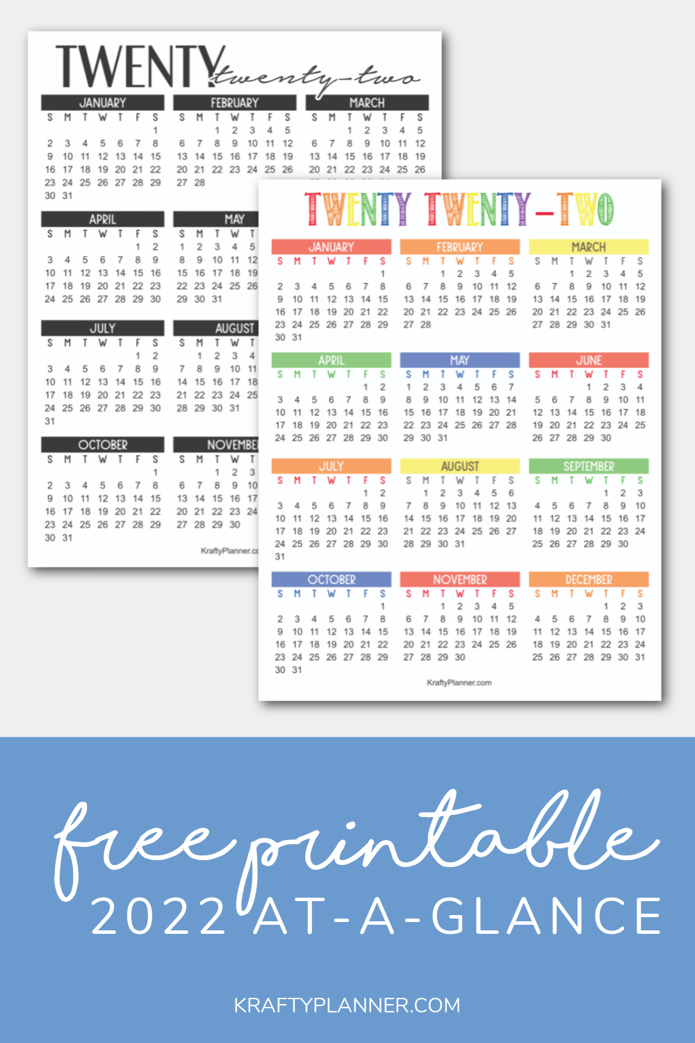 2022 Year At A Glance Free Printable Calendar Krafty Planner Calendar 