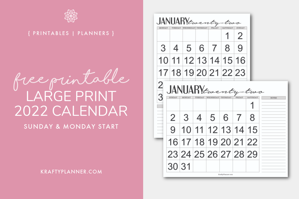large print 2022 calendar free printable krafty planner