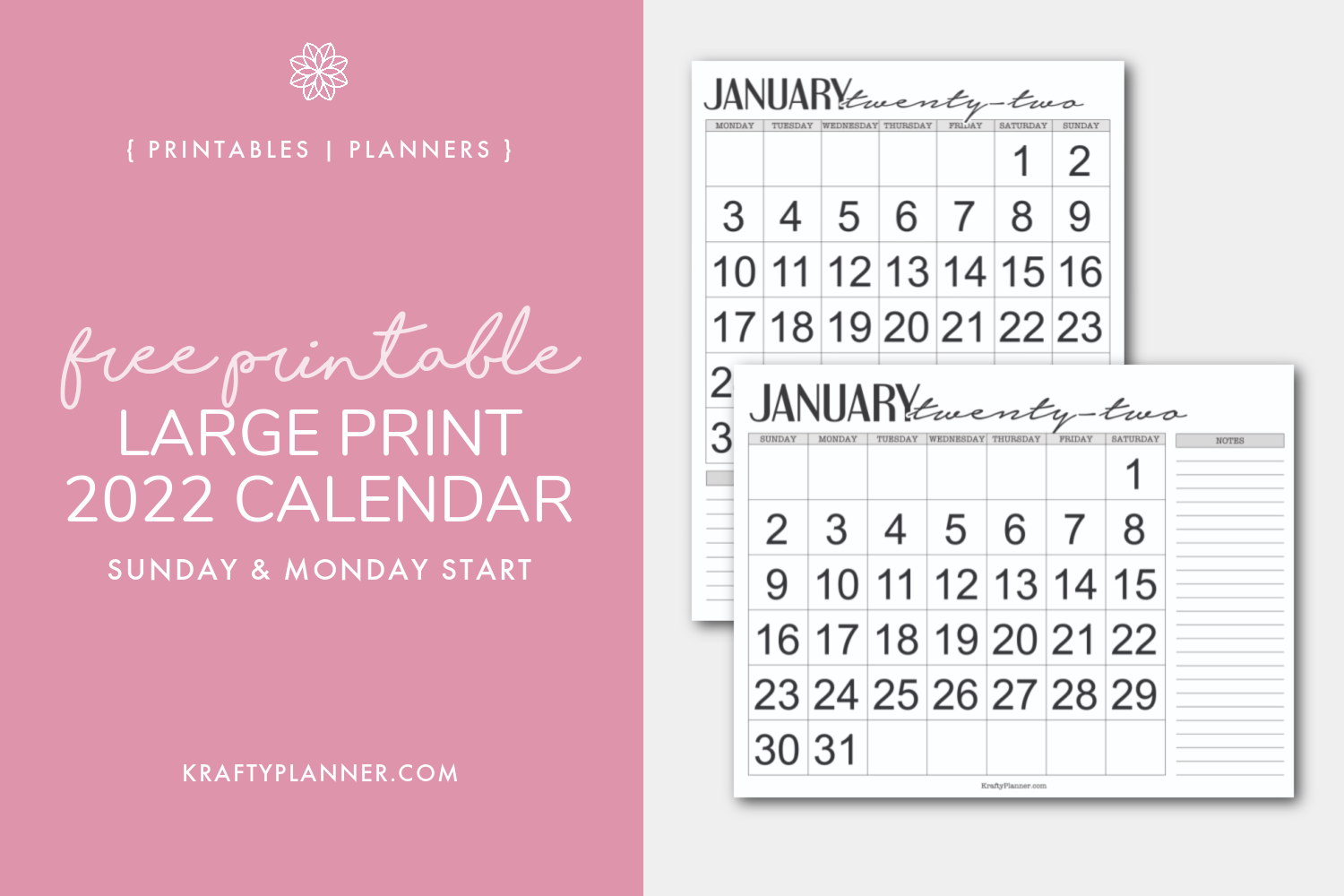Large Print 2022 Calendar Free Printable — Krafty Planner