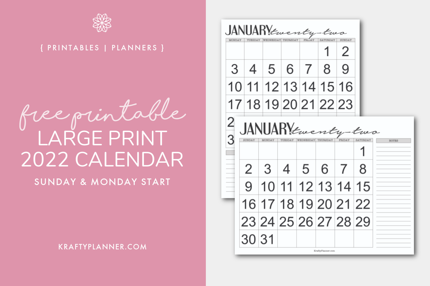 Free Large Printable Calendar 2022 Large Print 2022 Calendar {Free Printable} — Krafty Planner