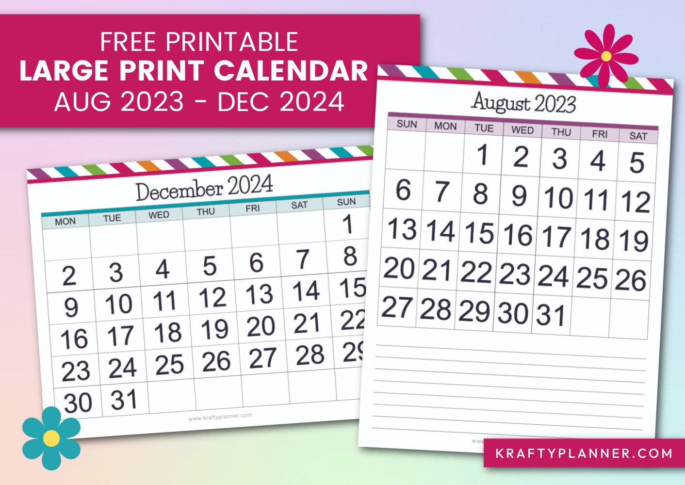 Free Printable Large Print Calendars: August 2023 - December 2024