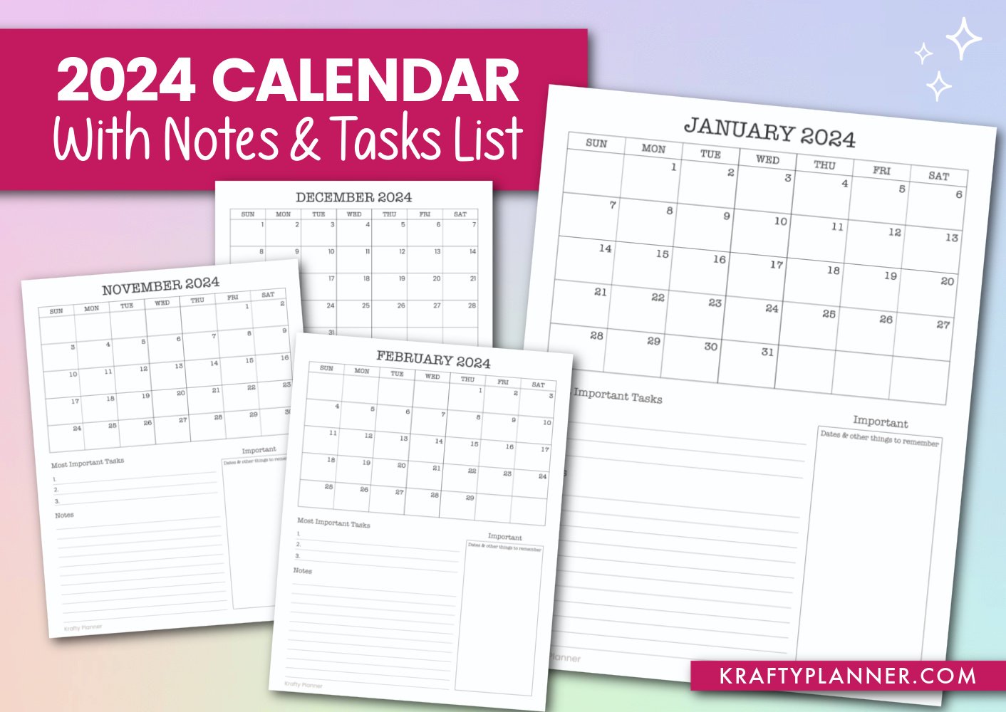 Free Printable 2024 Calendar with Notes and Task List — Krafty Planner