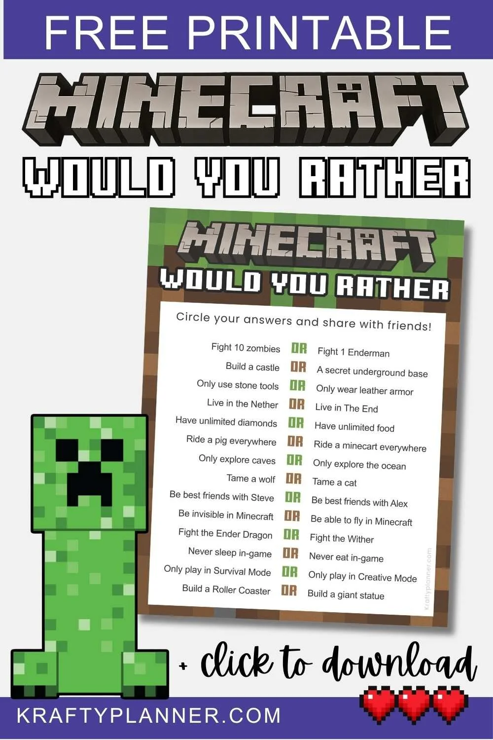 Minecraft “Would You Rather” Printable — Krafty Planner