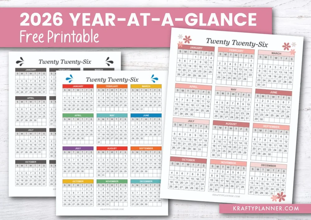 Printable 2026 Year at a Glance Calendars — Krafty Planner