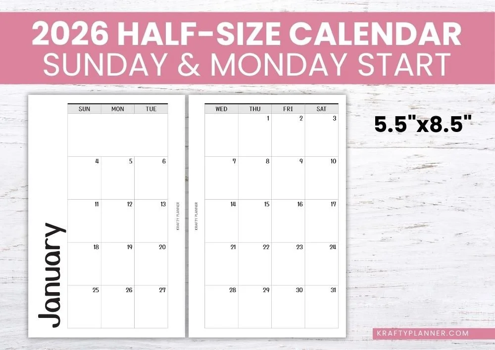 Free 2026 Half-Size Calendar (Sunday and Monday Start!)