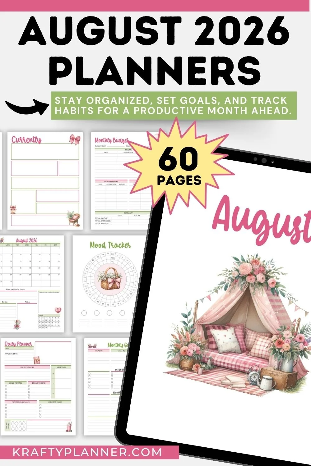 Free August 2026 Printable Pink Gingham Planner Pages