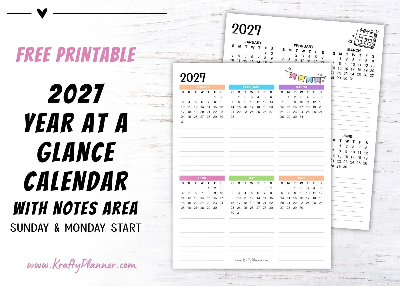 Free Printable 2027 Year at a Glance Calendar with Notes