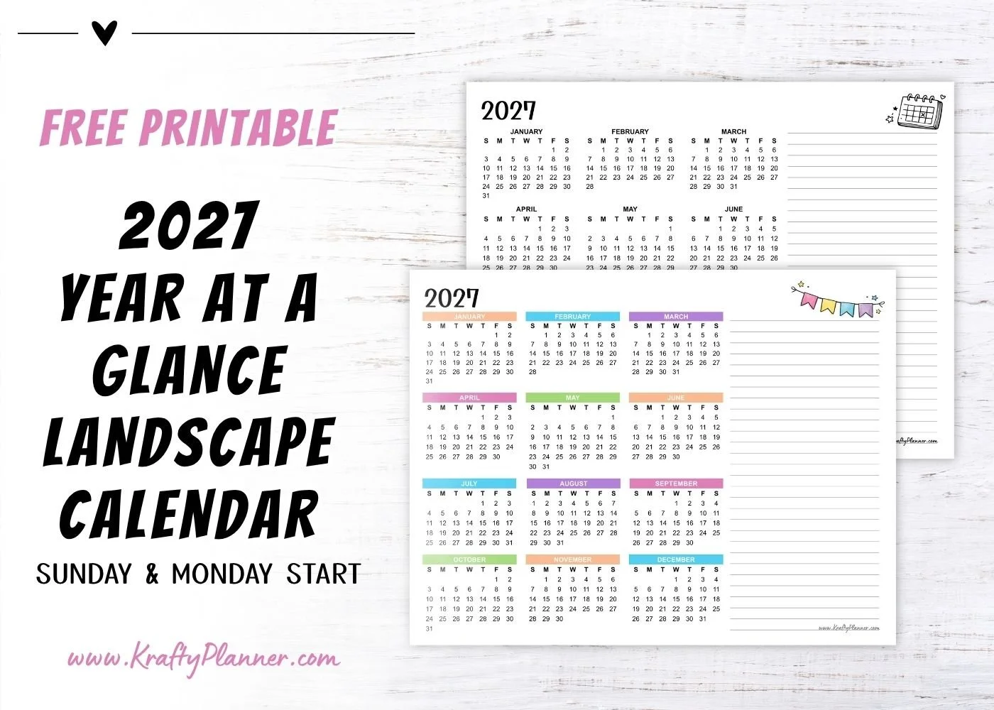 Free Printable 2027 Year at a Glance Calendar – Landscape