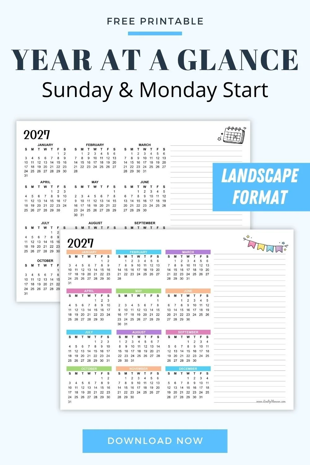 Free printable 2027 year at a glance - landscape 2.jpg