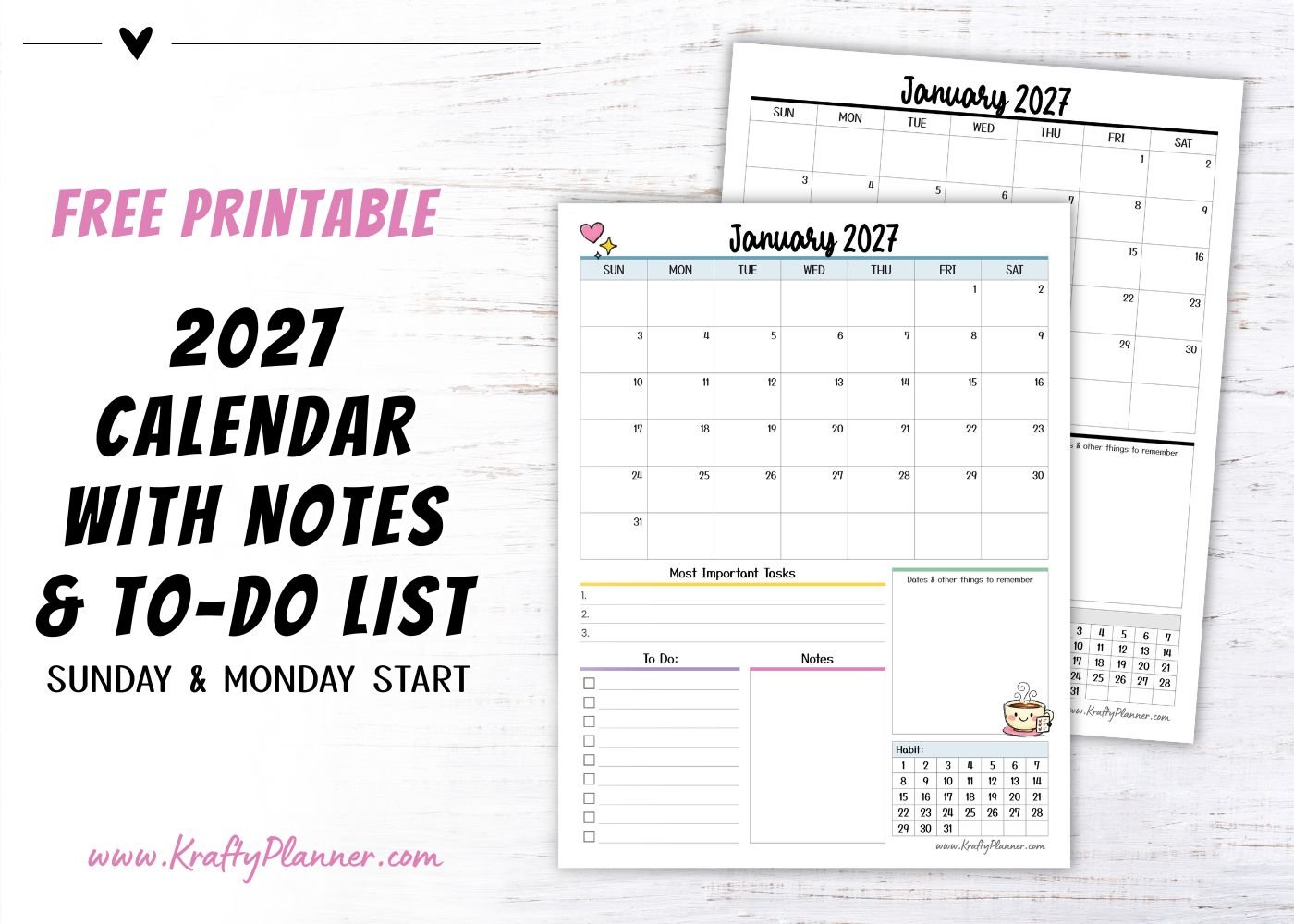 Free Printable 2027 Monthly Calendar with Notes and To-Do List