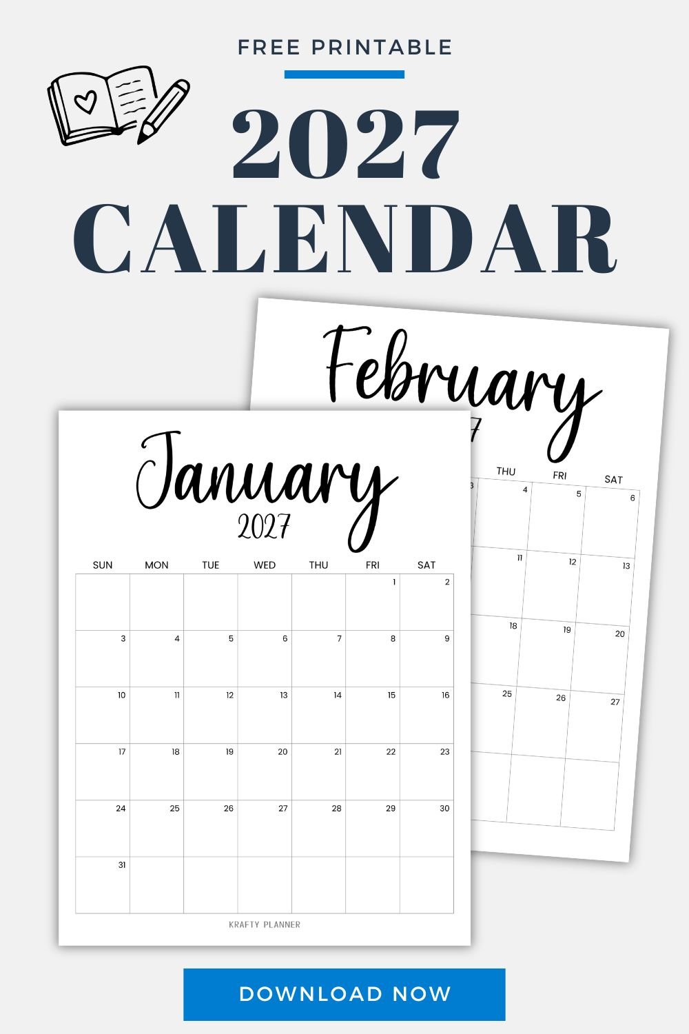 Free Printable 2027 Minimalist Calendar