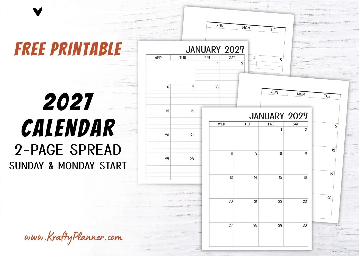Free Printable 2027 2-Page Monthly Calendar