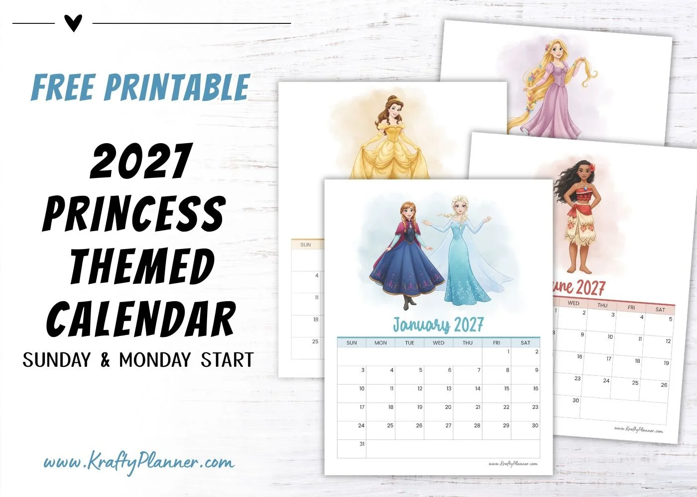 Free Printable 2027 Princess-Themed Calendar