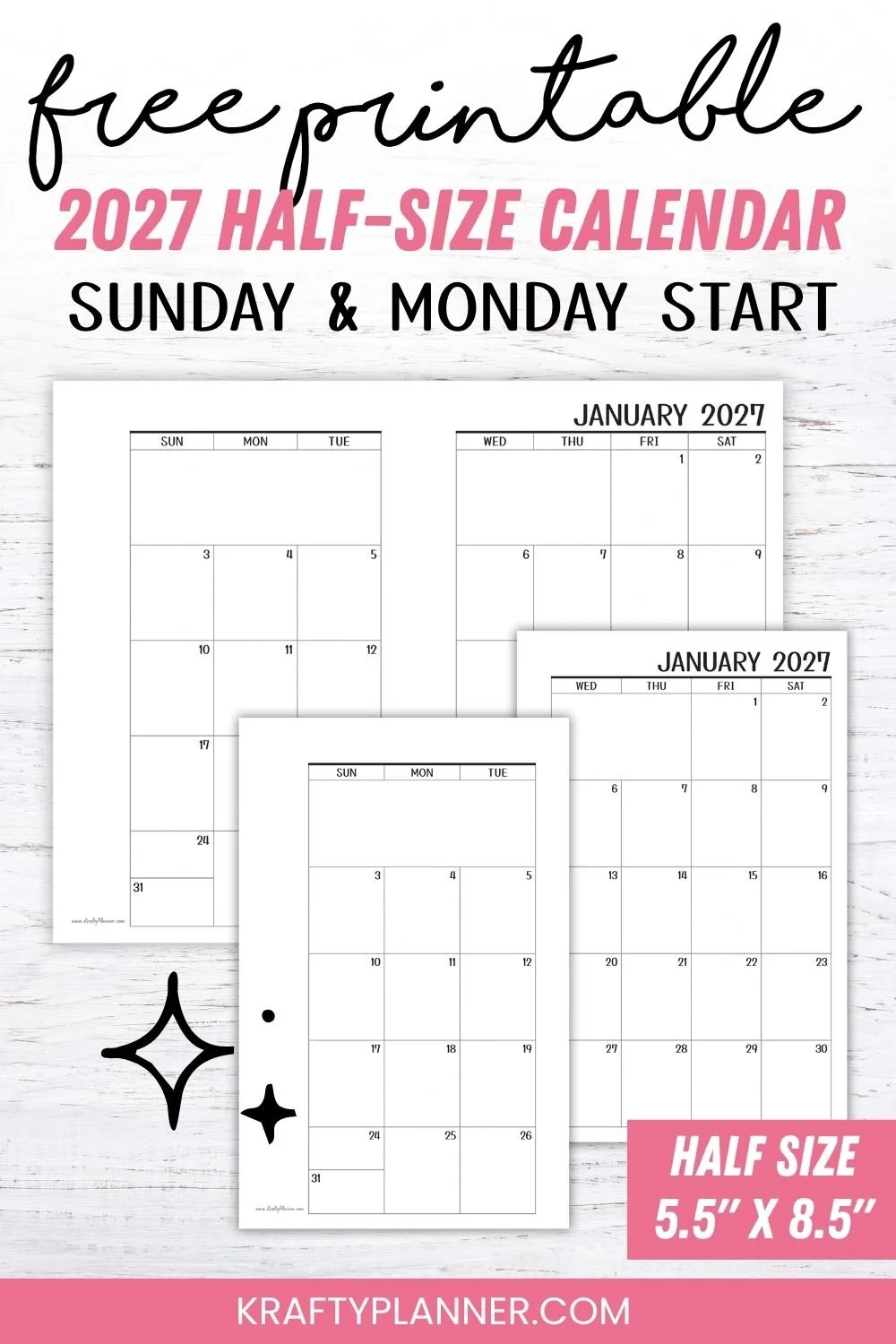 Free Printable 2027 Half-Size Calendar