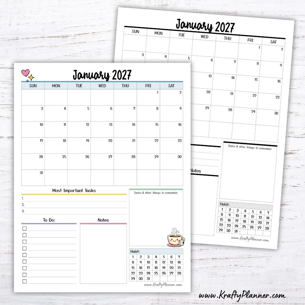 Free Printable 2027 Monthly Calendar with Notes and To-Do List