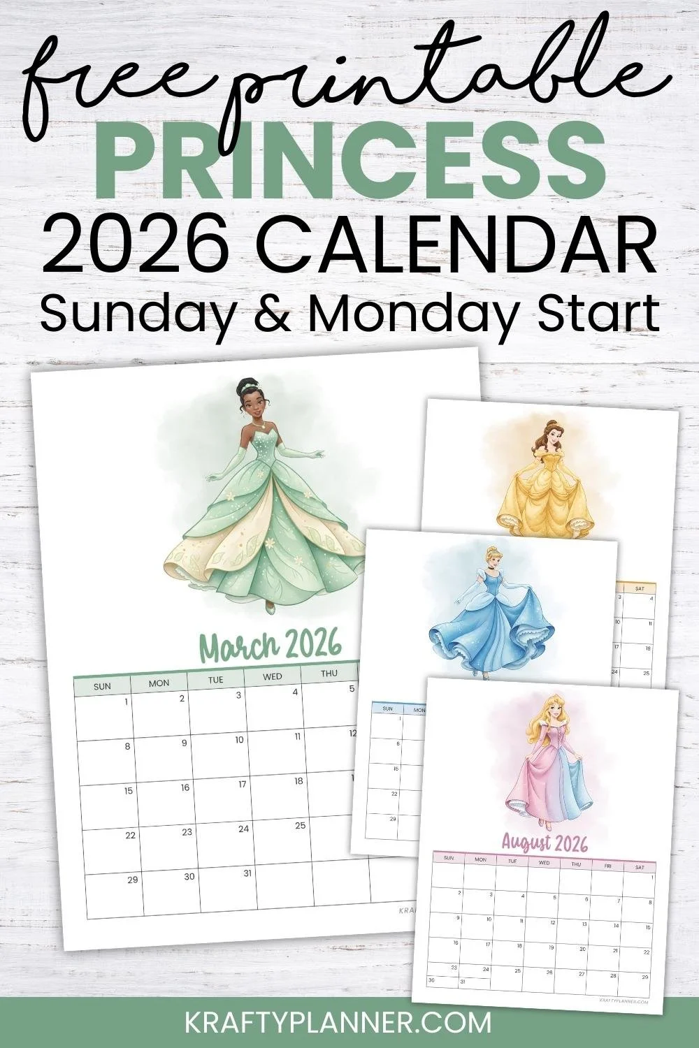Free 2026 Princess Calendar: Sunday & Monday Start