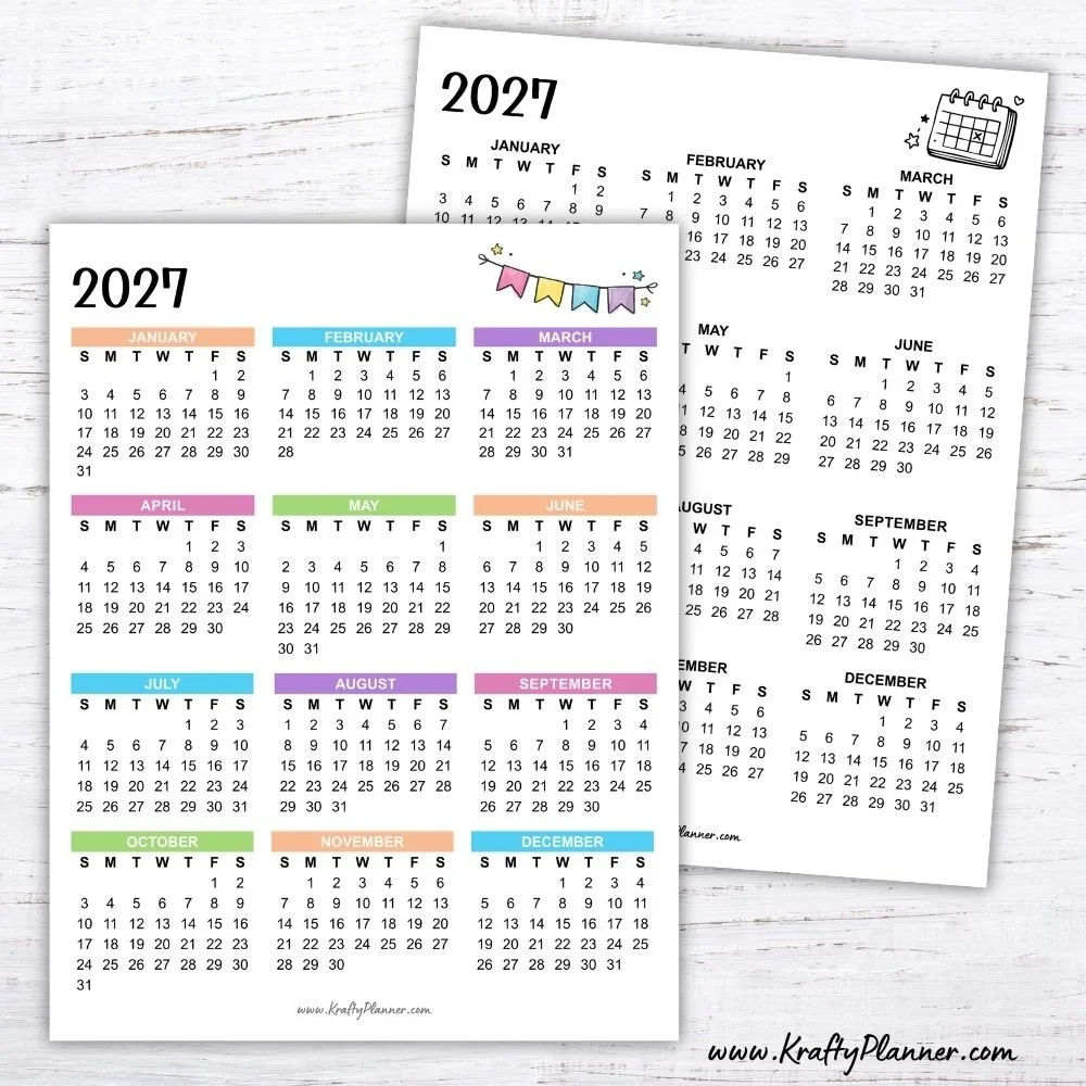 Free Printable 2027 Year at a Glance Calendar