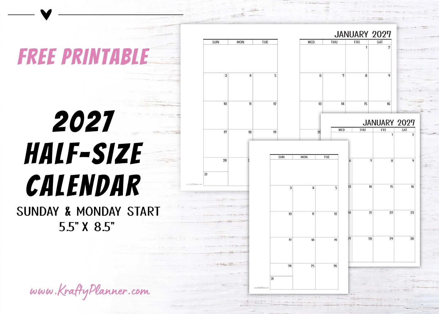 Free Printable 2027 Half-Size Calendar