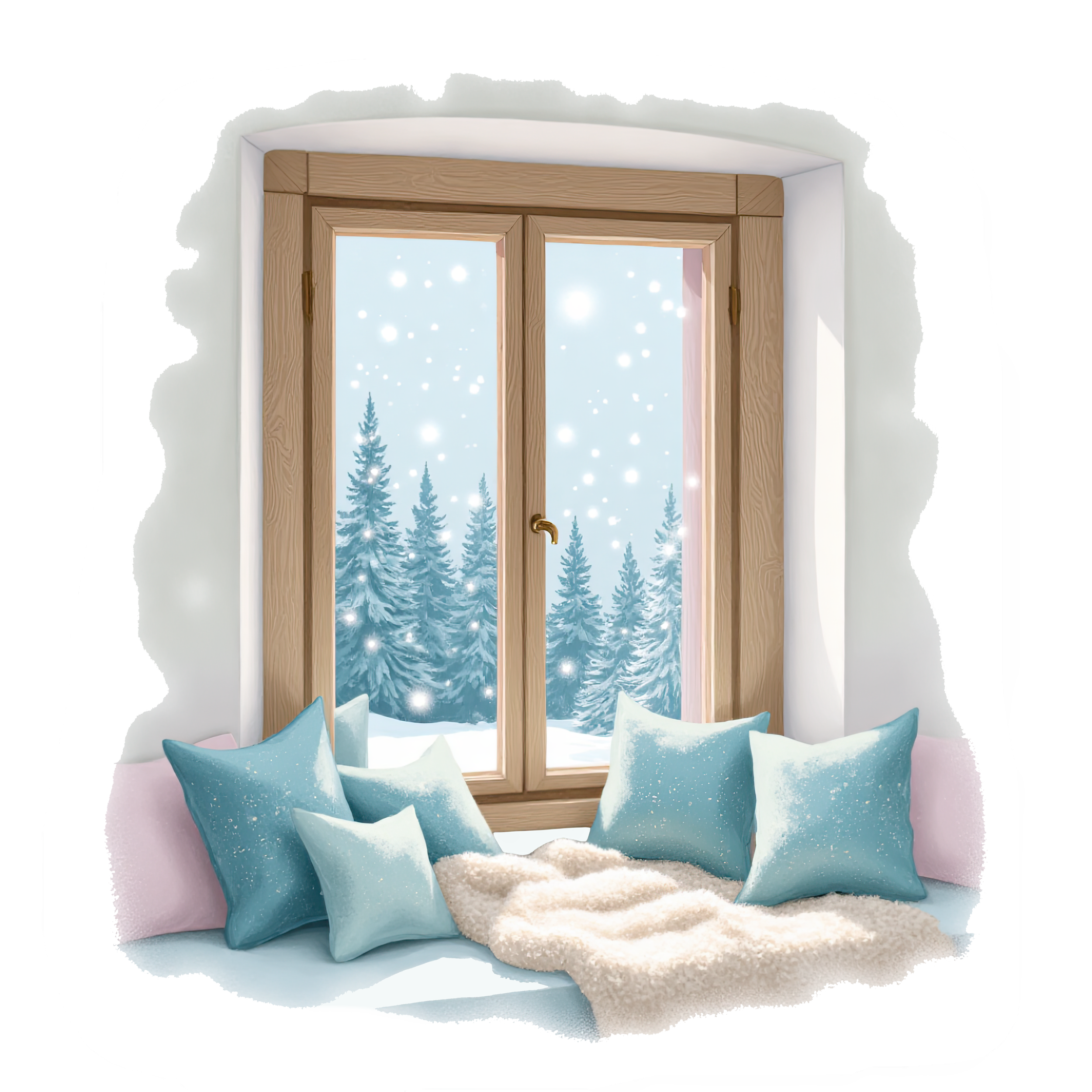 Cozy winter window seat with blue and pink square pillows and a white fluffy blankets. Out the window you can see pine trees and it's snowing