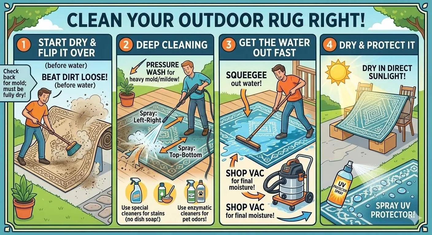 how to clean outdoor rugs infographic - Generated with Gemini