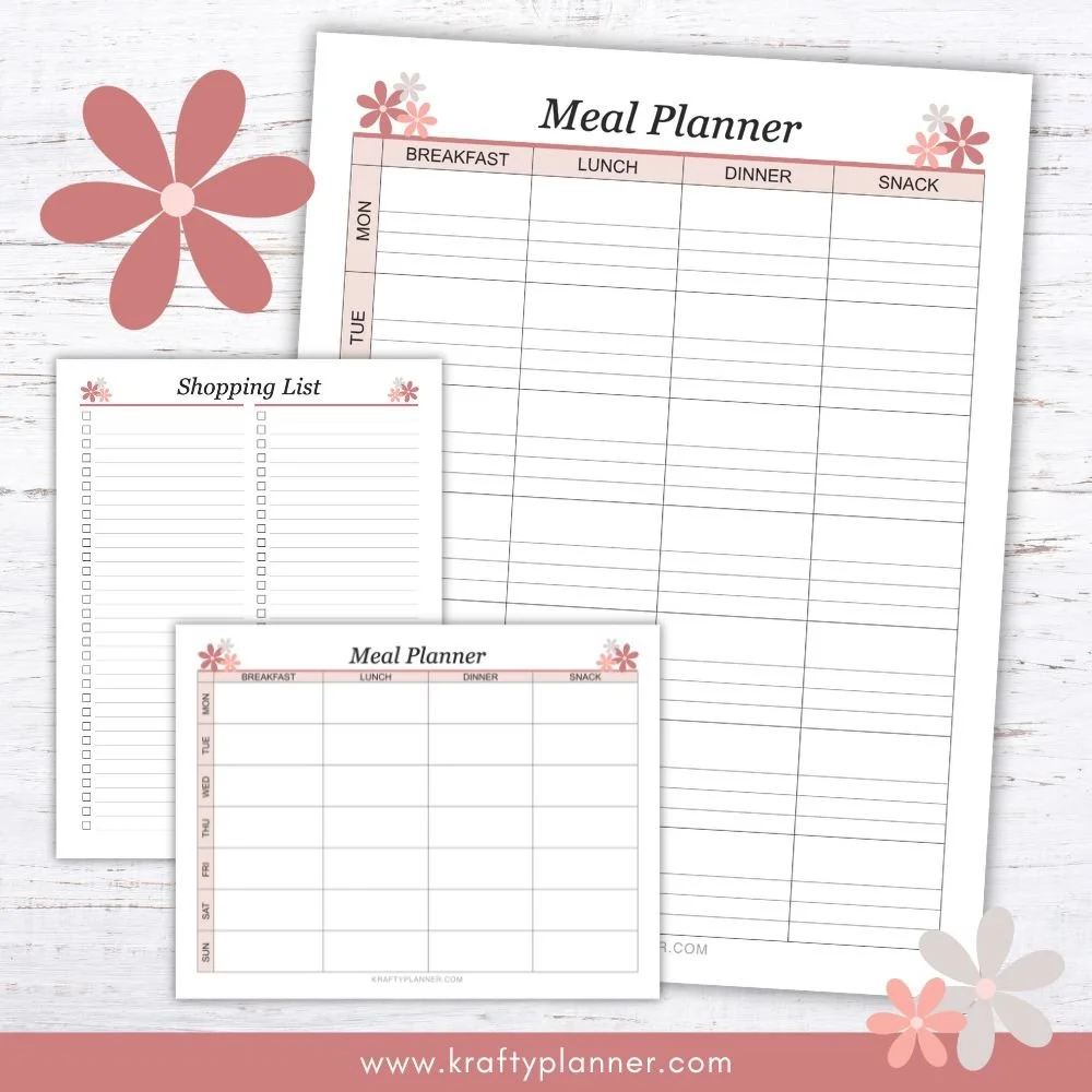 Pink Flowers Meal Planner + Shopping List — Krafty Planner