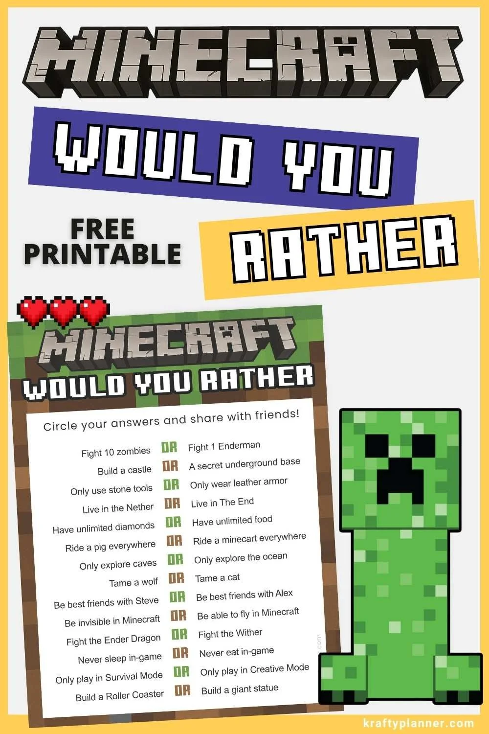 Minecraft “Would You Rather” Printable — Krafty Planner